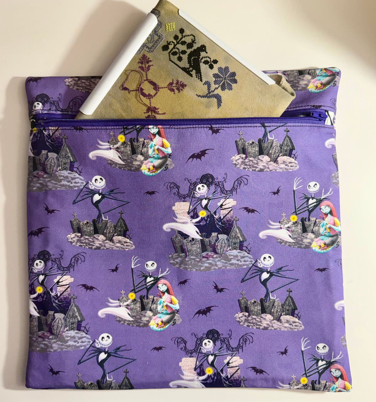 Project Bag for Cross Stitch with skeleton man and stitched woman