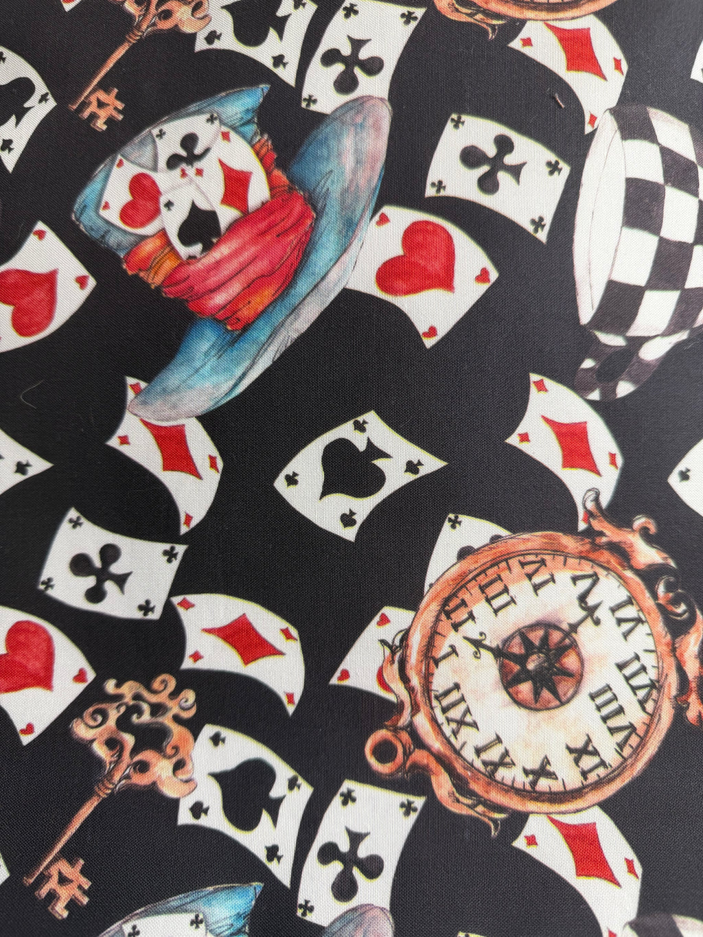 Project Bag for Cross Stitch with whimsical top hats, playing cards and stop watches