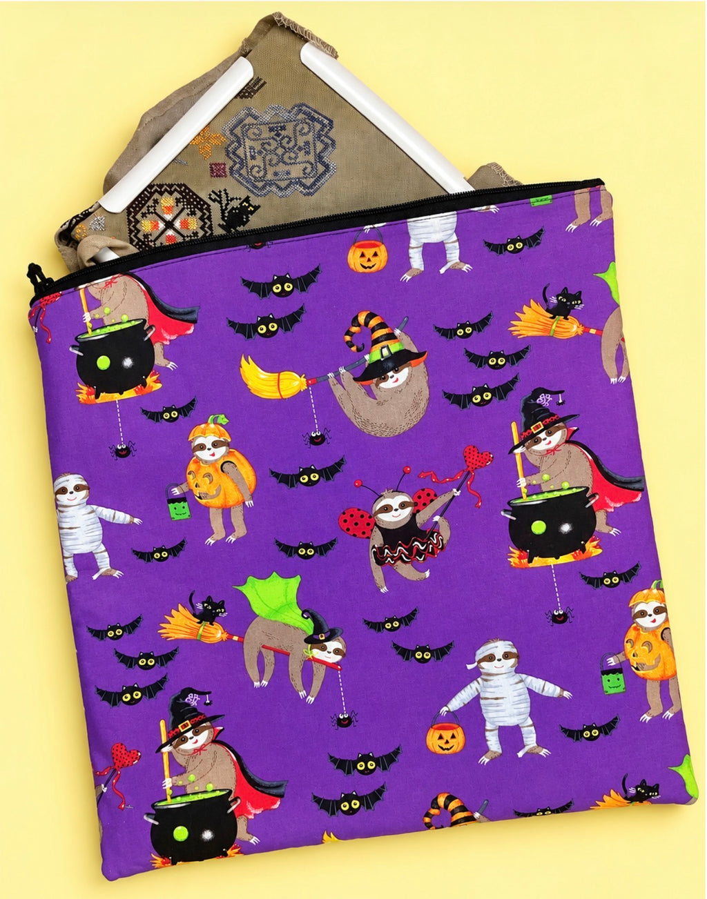 Project Bag for Cross Stitch Halloween w/Sloths with Pocket