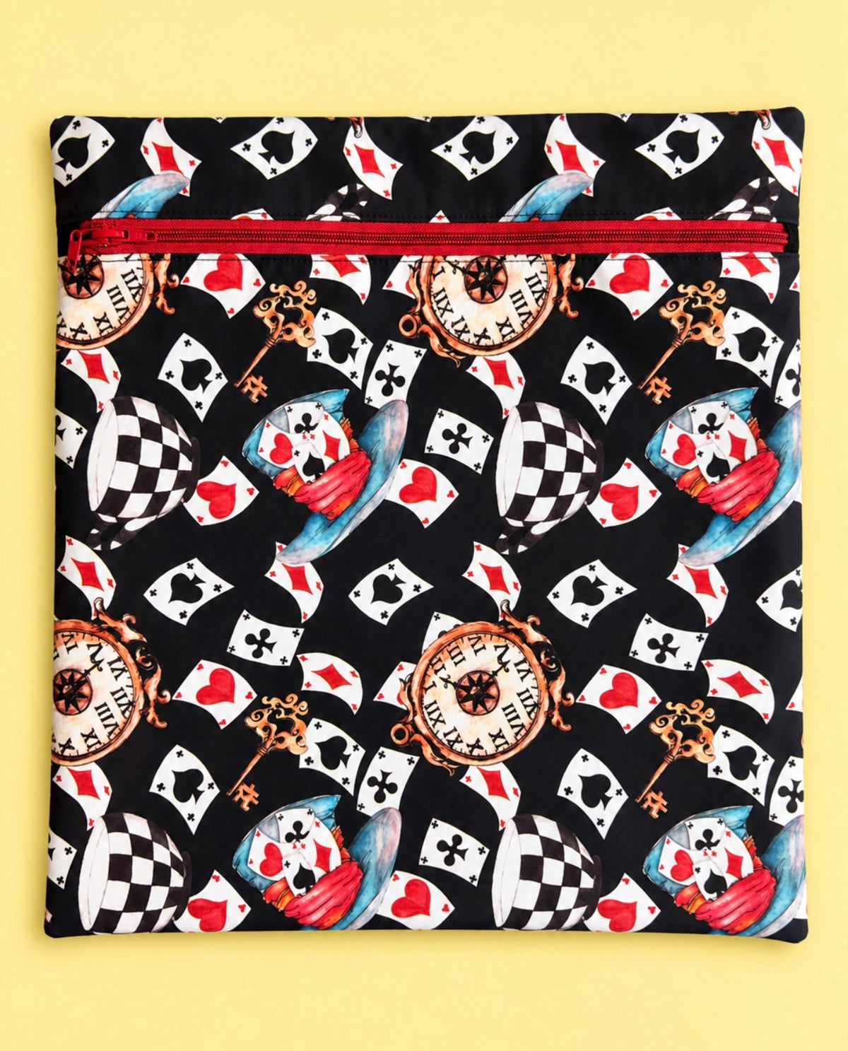 Project Bag for Cross Stitch with whimsical top hats, playing cards and stop watches