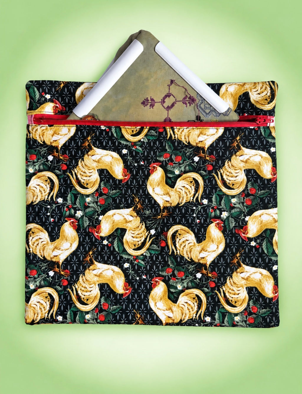 Project Bag for Cross Stitch with roosters and flowers