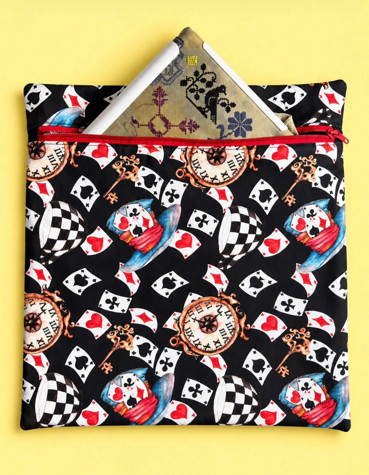 Project Bag for Cross Stitch with whimsical top hats, playing cards and stop watches