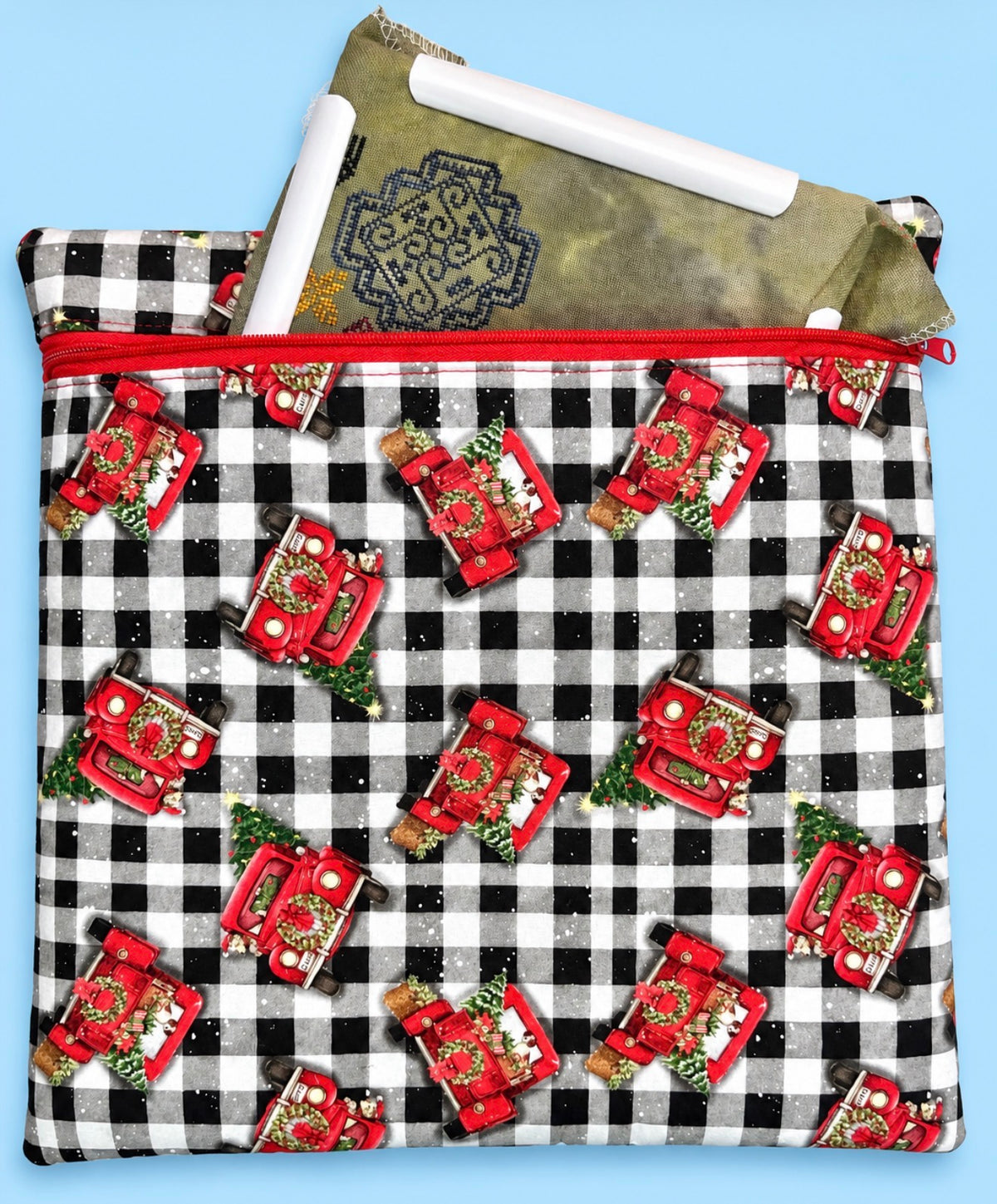 Project Bag for Cross Stitch Christmas w/Red Country Trucks