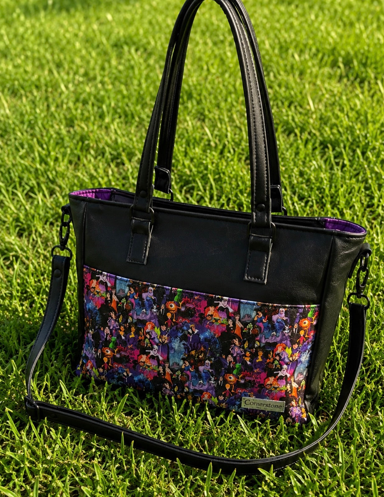 Becca bag with crossbody strap included. Good vs evil vinyl fabric.