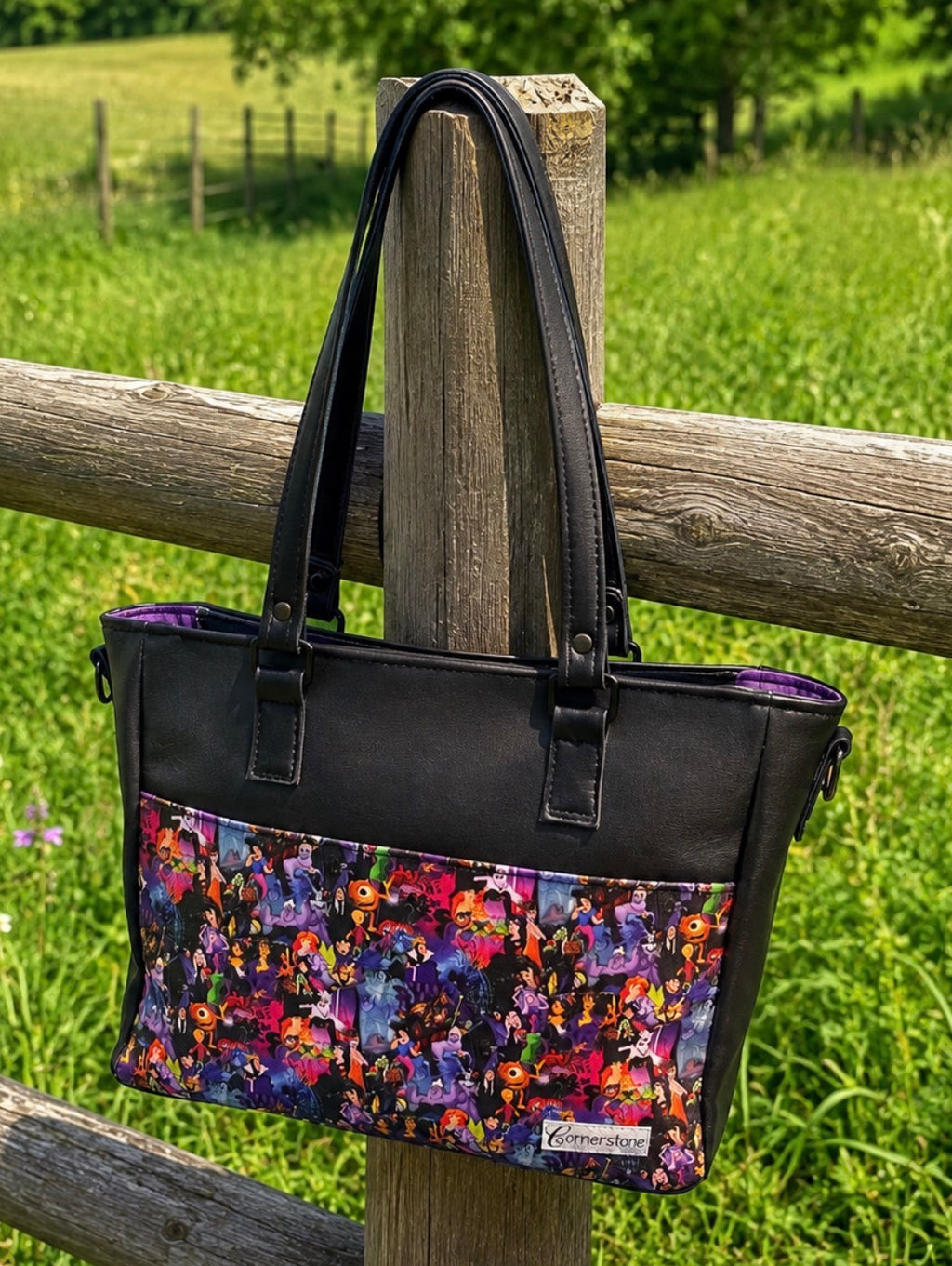 Becca bag with crossbody strap included. Good vs evil vinyl fabric.