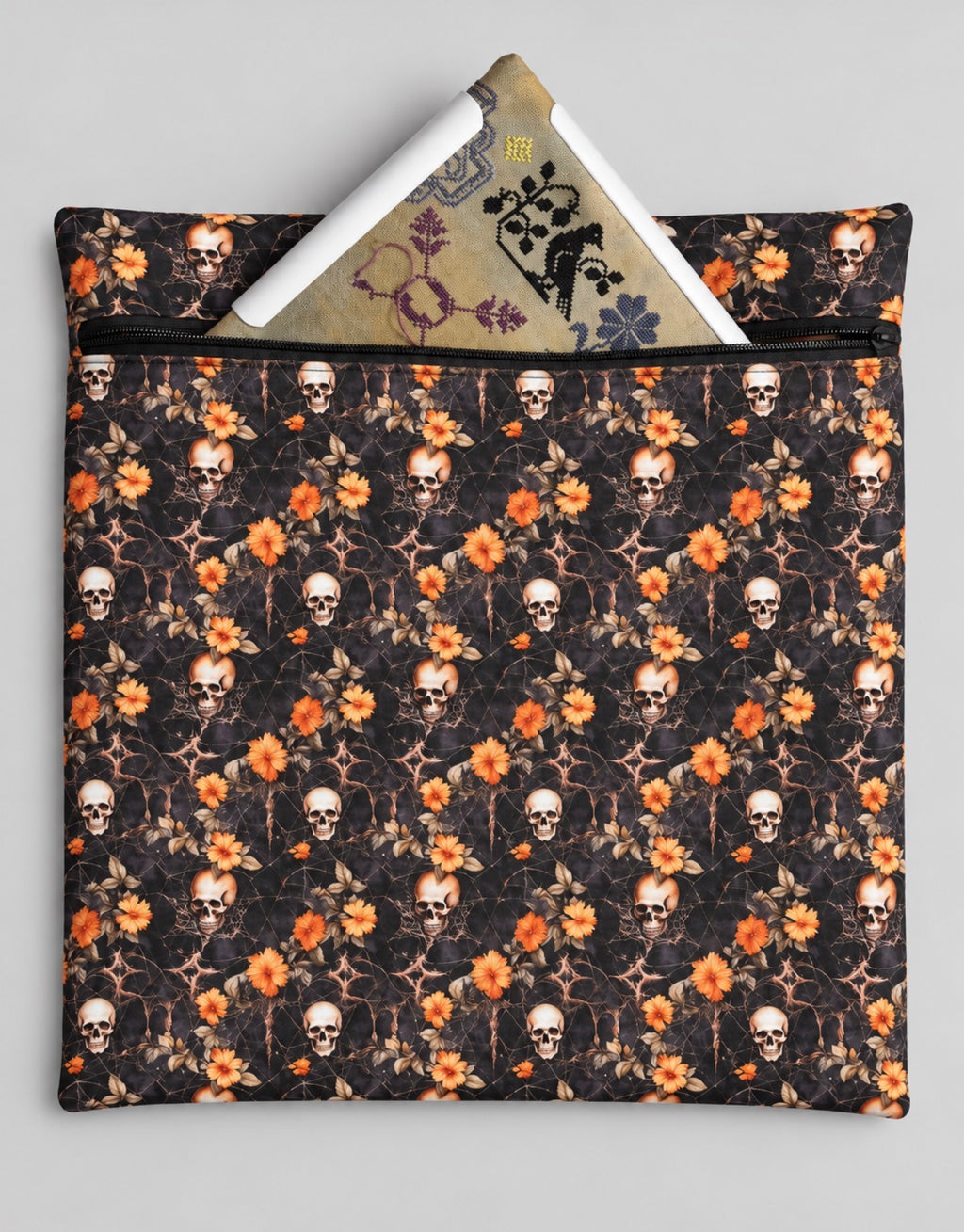 Project Bag for Cross Stitch with skulls and flowers