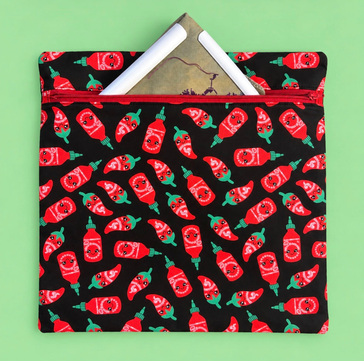 Project Bag for Cross Stitch with Hot Sauce Bottles